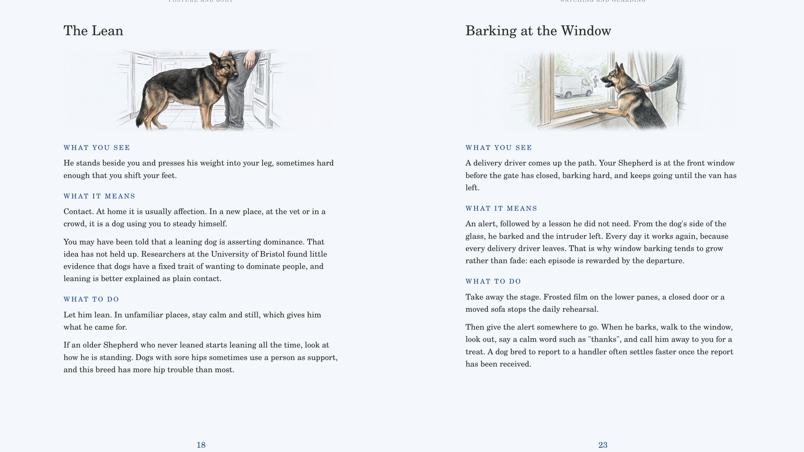 Two sample pages: The Lean, and Barking at the Window